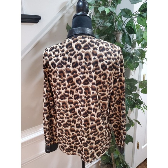SHEIN Brown Animal Print Faux Leather Collar & Sleeve Button Down Shirt Size 4 - Picture 8 of 13